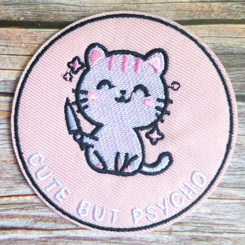 Cute But Psycho Stabby Kitty Cat Funny Embroidered Iron on Patch